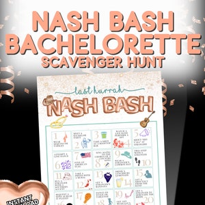 Puede incluir: Una tarjeta de juego de búsqueda del tesoro para despedida de soltera imprimible verde y blanca con el texto "Nash Bash" en fuente dorada y marrón. La tarjeta tiene una lista de 25 tareas para completar, como "llevar lentejuelas o borlas", "tomar un trago en un bar en la azotea", "cantar junto al coro de una canción country", "llevar un sombrero de vaquero de un extraño", "conseguir que un extraño le cante una serenata a la novia", y "montar un toro mecánico".