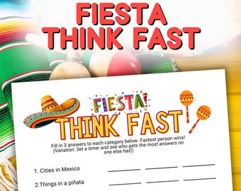 Juego imprimible &quot;Fiesta Think Fast&quot;, actividad de fiesta mexicana para niños, adultos y familia, noche de juegos, Cinco de Mayo, descarga instantánea en PDF.