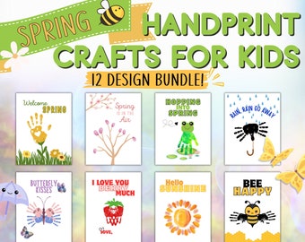 Lente handafdruk knutselen voor kinderen, 12 afdrukbare doe-het-zelf vingerafdrukkunst souvenirs voor baby peuter of kind, zintuiglijke schilderactiviteit Pre-K