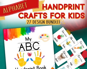 Puede incluir: Un libro de alfabeto imprimible para niños con manualidades de huellas de manos. La portada muestra un fondo de arcoíris con las palabras "My ABC" y "Handprint Book". El libro incluye 27 diseños, cada uno con una letra del alfabeto y una imagen correspondiente.