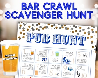 Bar Crawl Bingo Pub Scavenger Hunt, 21+ Adult Printable Game for Bachelor or Bachelorette Party, 21st Birthday Bar Hopping PDF