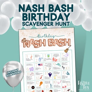 May include: A printable Nash Bash Birthday Scavenger Hunt game card with a country music theme. The card has a list of 25 tasks to complete, such as meeting a birthday twin, taking a shot at a rooftop bar, and getting a stranger's bandana.