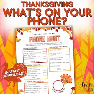 Könnte beinhalten: Ein druckbares Thanksgiving-Spiel namens "Phone Hunt" mit einer Truthahn-Illustration. Spieler erhalten Punkte für Gegenstände, die sie auf ihren Handys finden, wie z. B. ein Selfie mit einem Vogel, ein Foto von vor 5 Jahren oder eine Lauf-Tracking-App.