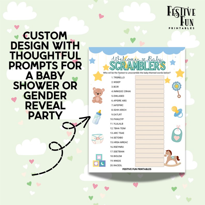 Scrambled Words Baby Shower Trivia, Gender Reveal or Sprinkle Party