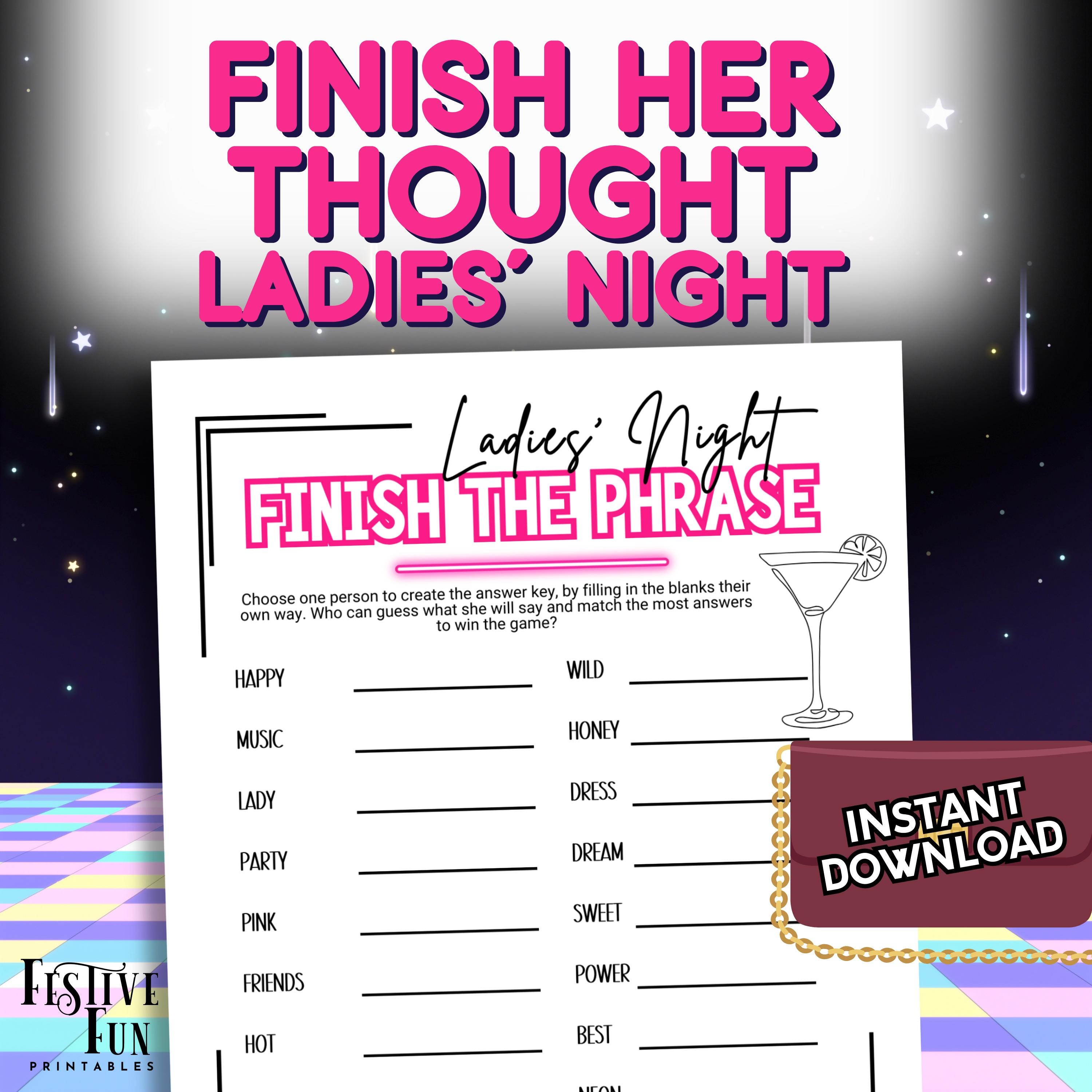 Finish Her Phrase Ladies Night Game, Girls Night Out Activities, Printable Friend Trivia and Easy Icebreaker Socials for Adult Women 21+ Up