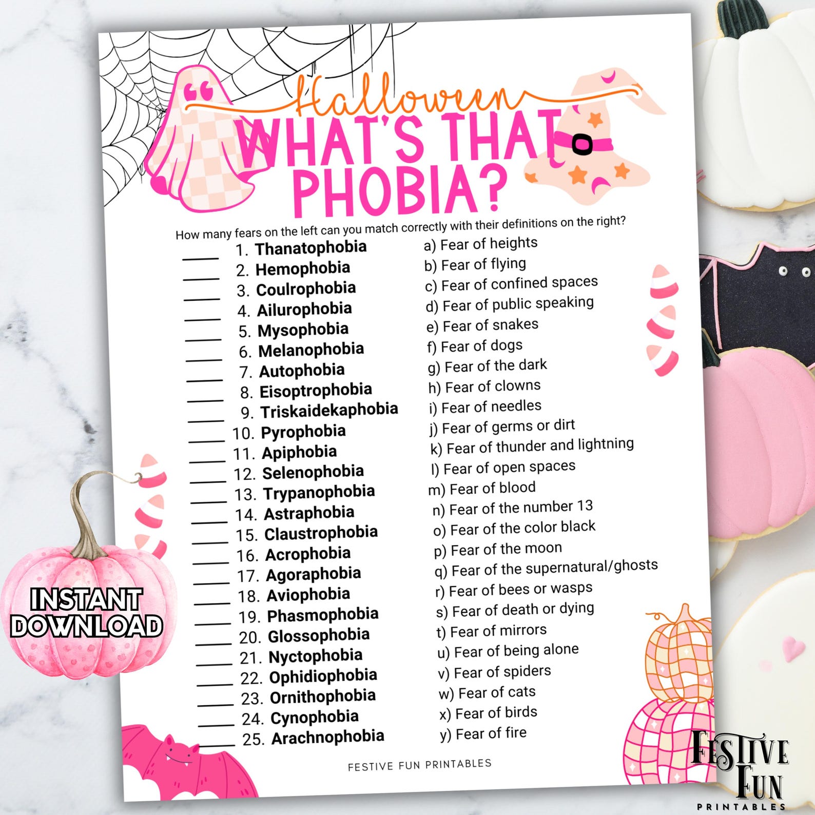What's the Phobia Trivia, What Are You Scared of Fear Match Game, Pink ...