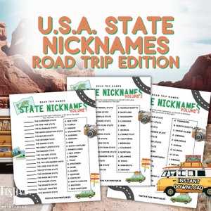 Road Trip State Nickname Match-Up Game Bundle, USA Geography Travel Activity, 3 Printable Pages with all 50 States, Educational PDF