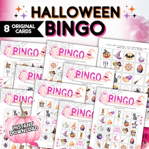 Girly Halloween Bingo, Spooky Sweet Picture Bingo voor kinderen, No Words afdrukbaar Summerween-feestspel, 8 originele kaarten, digitale download