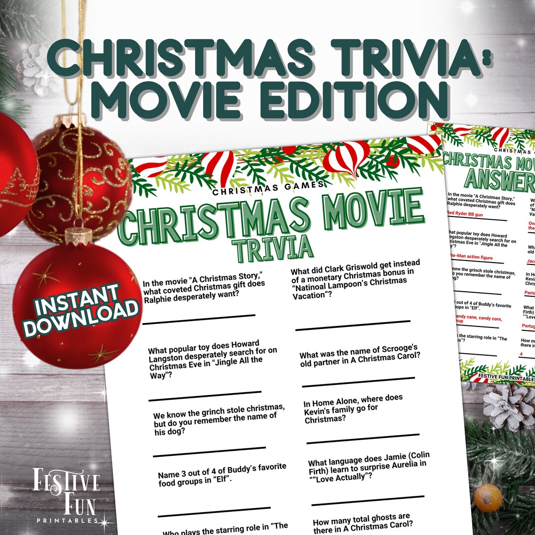 Christmas Movie Trivia Game, Instant Download Holiday Party Activity
