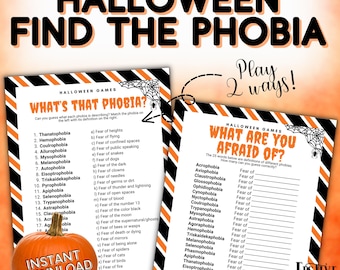 Guess the Phobia Halloween Trivia Game, What Are You Afraid Of Fear Quiz, Teen and Adult Fall Activity, Family Game Night Party Printable