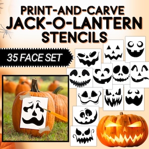 May include: A set of 35 printable jack-o-lantern stencils for carving pumpkins. The stencils feature a variety of spooky and silly faces. The text "PRINT-AND-CARVE JACK-O-LANTERN STENCILS 35 FACE SET" is displayed at the top of the image.