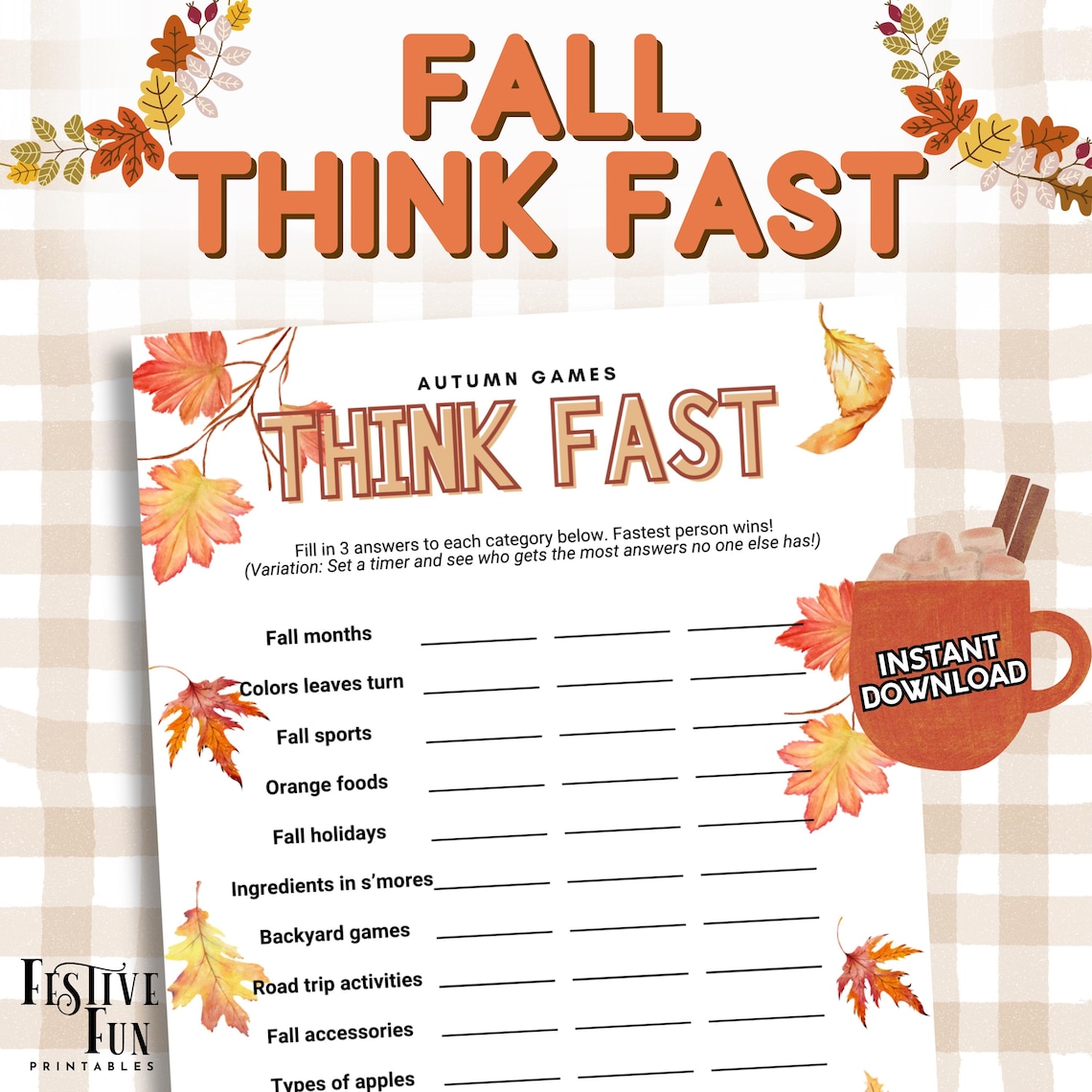Fall Fast Fall Season Think Fast Printable Game, Autumn Pumpkin Trivia Activity ...