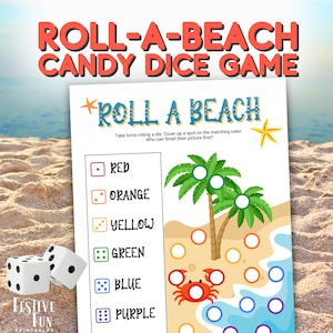 Puede incluir: Un tablero de juego imprimible para un juego de dados "Roll a Beach". El tablero presenta una escena de playa con una palmera, un cangrejo y una masa de agua. El tablero de juego tiene una clave de color con seis colores: rojo, naranja, amarillo, verde, azul y morado. El juego se juega tirando un dado y cubriendo un punto en el tablero que coincida con el color tirado.