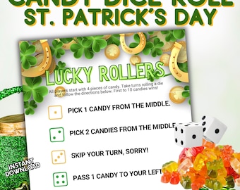Juego de intercambio de dados de caramelo de San Patricio, Lucky Rollers fácil y divertido para imprimir, actividad de fiesta de clase del Día de San Patricio para niños, juegos de dados de duende