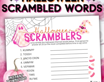 Word Scramblers Girly Summerween Trivia Games, Pink Halloween Printable Teen Activity, Feminine Halloween Party, Ladies Game Night