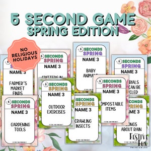 May include: A set of printable 5-second spring-themed game cards. The cards feature a variety of spring-related topics, such as baby animals, gardening tools, and compostable items. The cards are designed to be used for a fun and engaging game.