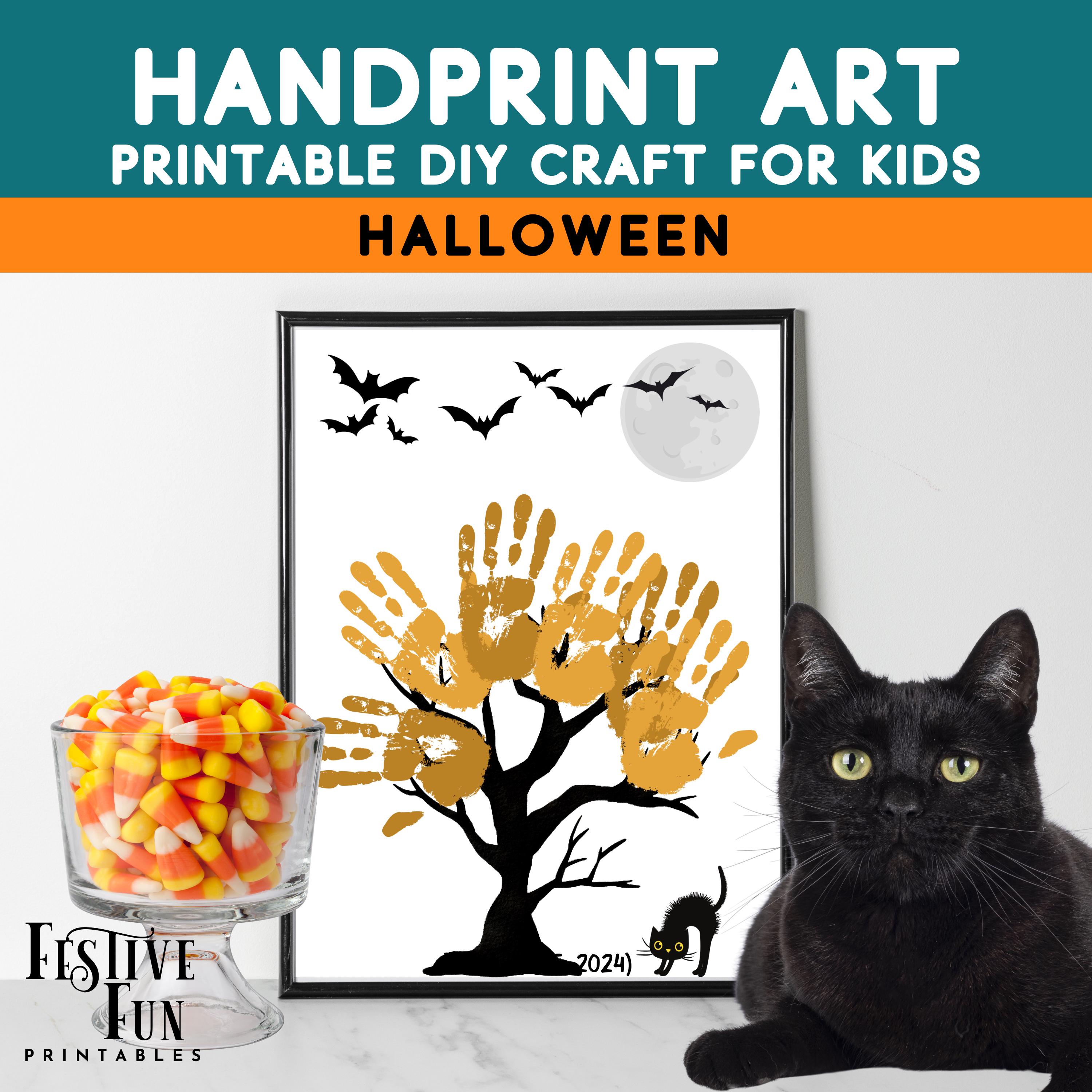 Halloween Tree Handprint Art for Kids, Fall Printable DIY Finger ...
