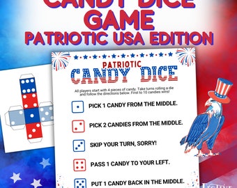 USA Candy Dice Roll-Spiel mit DIY-Papierwürfel, einfaches Vaterländisches Rot-Weiß-Blaues Spiel für Kinder, druckbares Partyspiel am 4. Juli