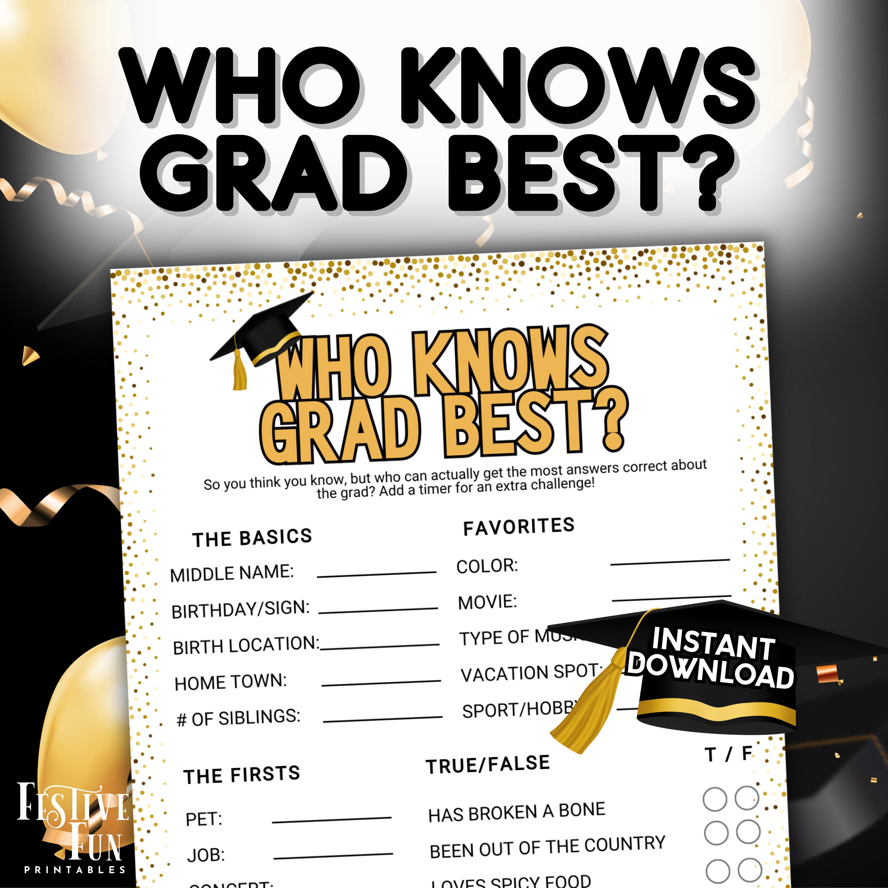 Graduate Easy Who Knows Grad Best, Easy Graduation Activity, Modern Graduate Party ...