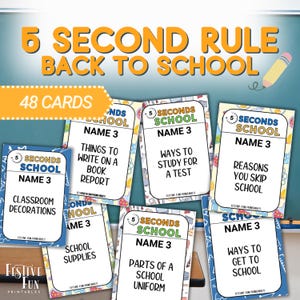 Puede incluir: Un juego de 48 cartas imprimibles para un juego de regreso a la escuela llamado "5 Seconds School". Las cartas son coloridas y presentan ilustraciones de útiles escolares y artículos de aula. Cada carta tiene un nombre, un número y una indicación para el juego.