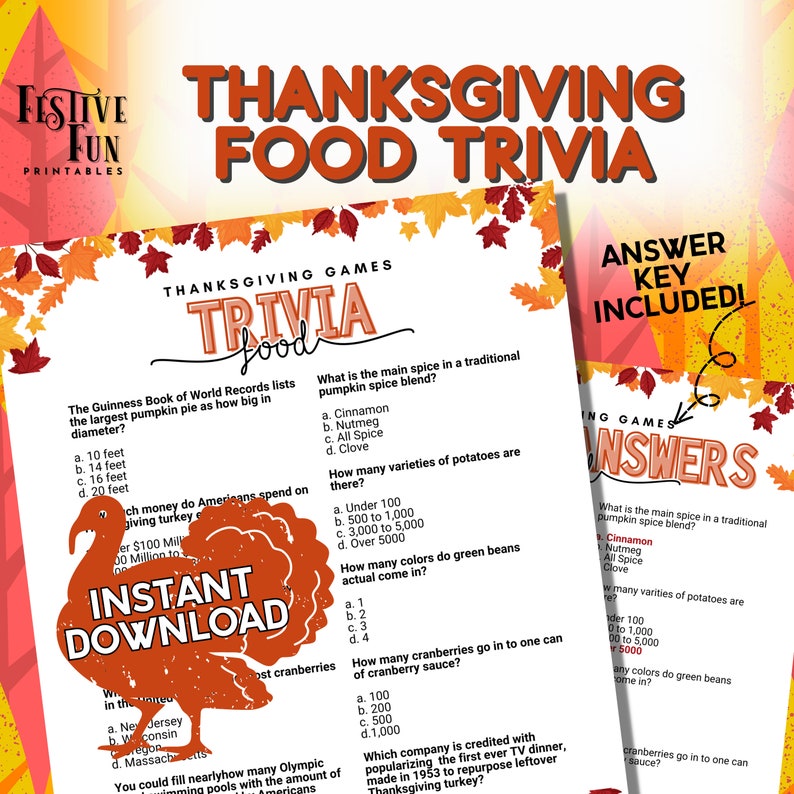 Food Trivia Thanksgiving Quiz Printable PDF, Instant Download Game for
