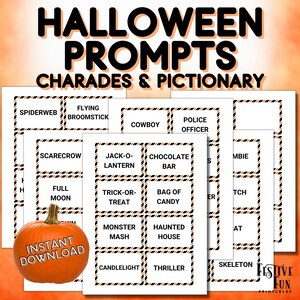 Halloween Charades and Pictionary Prompts, Done-For-You Party Game Card Printable for Kids Teens and Adults, Group Halloween Activity