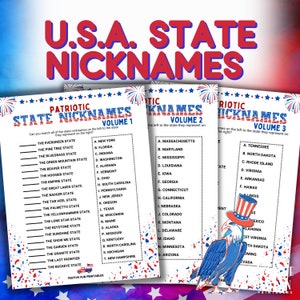 United States Nickname Race, Fast American Trivia Educational Printable Game, Patriotic Holiday Party Activity or History Homeschool Study