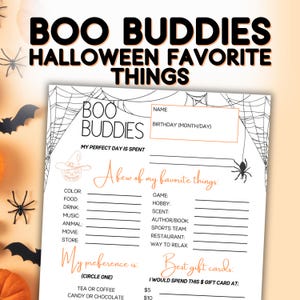 Encuesta de cosas favoritas de Boo Buddy, lista de deseos para conocer a Boo Buddy y golosinas de Halloween, encuesta para compañeros de trabajo, amigos o vecinos