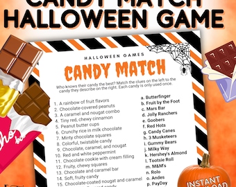 Candy Match Halloween Trivia, Chocolate Brands Matching Game, Group Party Activity for Kids, Teens and Adults, Family Game Night Printable