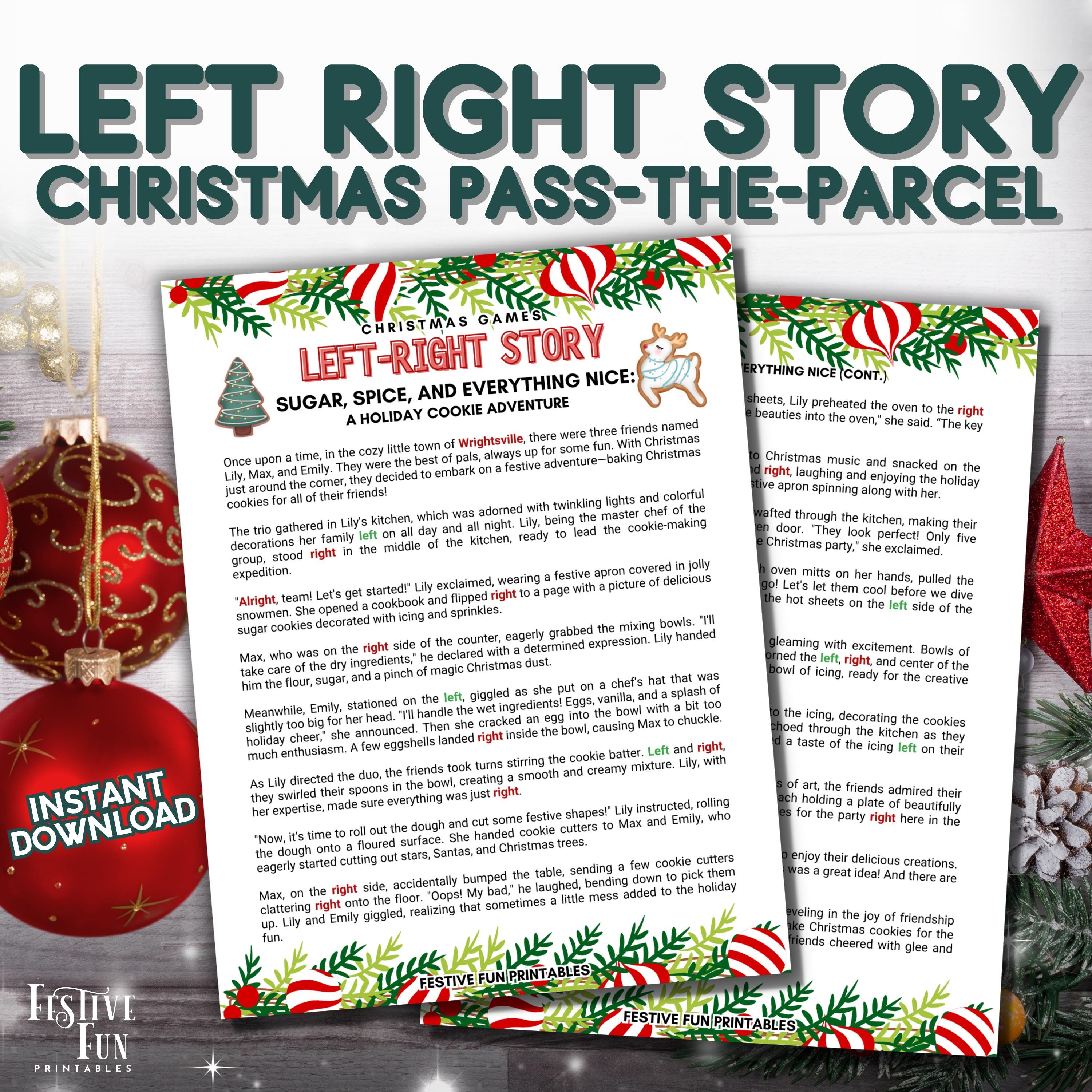 sugar and spice left right christmas cookie story, pass the parcel