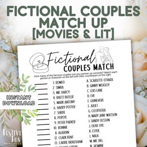 Fictional Couples Matching Game, Infamous Couples from Movies and Literature Match Up, Perfect Engagement Party or Wedding Bridal Shower PDF