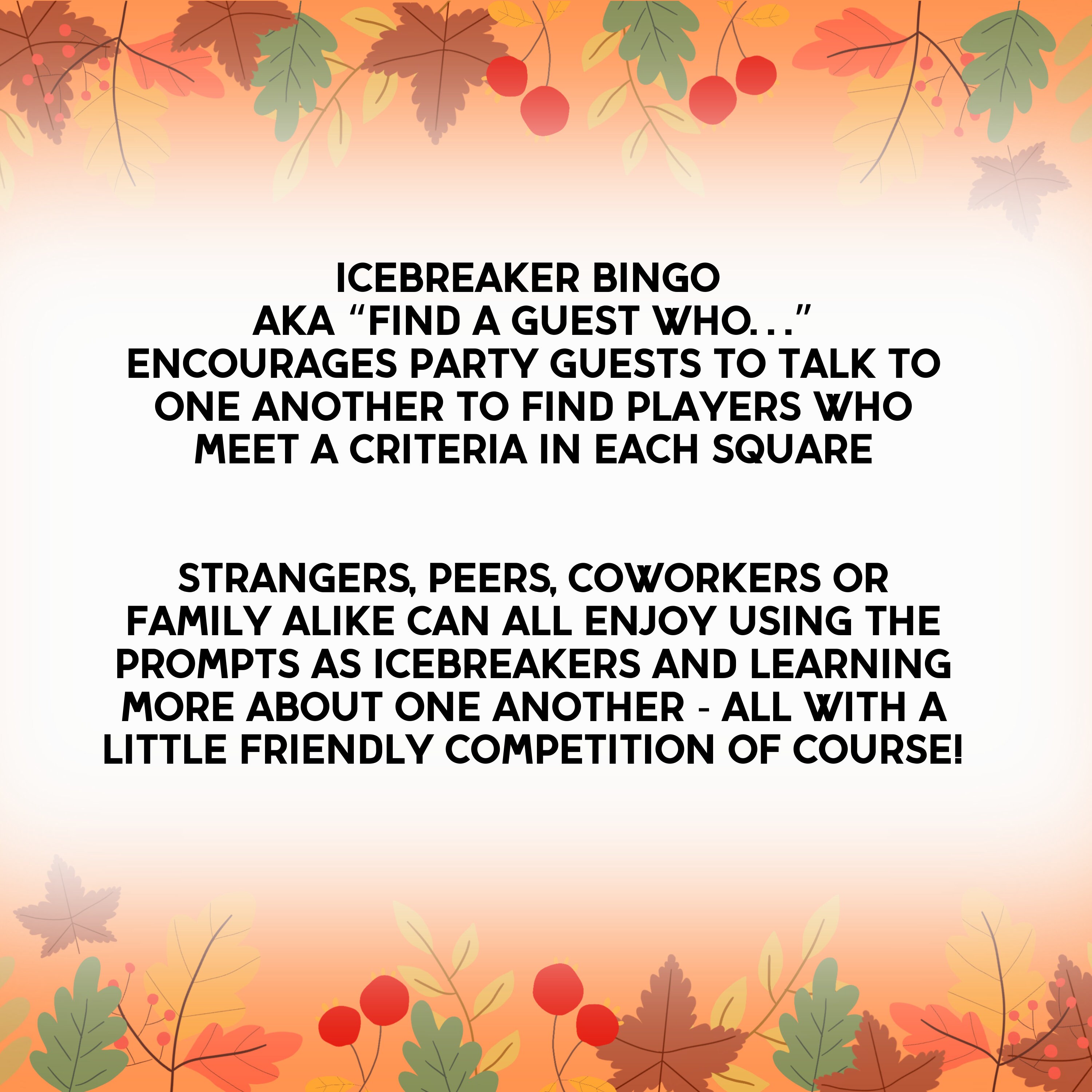 Friendsgiving Icebreaker Bingo Printable Game Card, Thanksgiving Mix