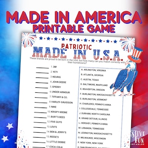 Made in America Trivia, Match the USA Business to City Headquarters, Patriotic Group Game for Teens and Adults, Easy Veterans Day Activity
