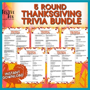Thanksgiving Trivia Game Bundle, Family Game Night, Friendsgiving Quiz | 5 Rounds: Pumpkins, History, Facts, Turkey Day Printable PDFs