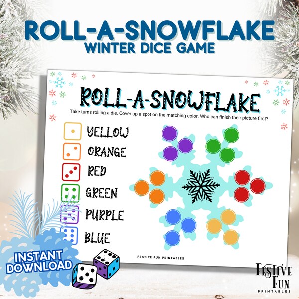 Roll a Snowflake Candy Dice Game, Winter Theme Non-Religious Printable Party Game for Kids PDF
