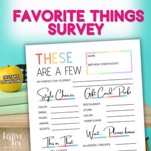 Teacher Favorite Things Questionnaire, Student Back to School Get to Know Me Survey for a Wishlist of Appreciation, Reward and Gift Ideas