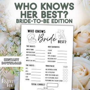 Who Knows Bride Best Engagement Party Game, Wedding Bridal Shower Group Activity, Printable Bachelorette Quiz About Bride To Be
