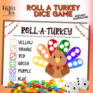 Roll A Turkey Candy Dice Game Printable, Easy Thanksgiving Friendsgiving and School Party Table Activity for Kids, Fall Roll-a-Picture