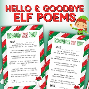 Juego de cartas de elfo navideño de Hola y Adiós, lindas notas con poemas en rima para el ayudante de Santa Claus nuevo o que regresa, papelería imprimible con elfos navideños