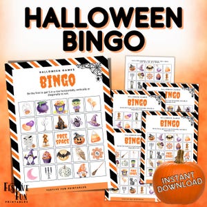 Halloween Picture Bingo Printable Party Game for Kids, 5 Unique Halloween Bingo Cards with Matching icon calling cards, Instant Download PDF