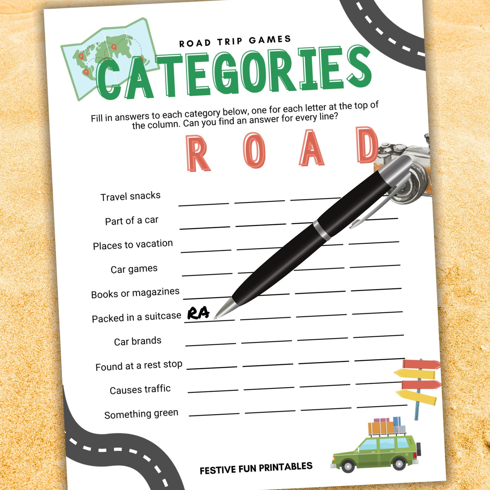 Road Trip Scattered Categories, Printable Travel Game for Independent