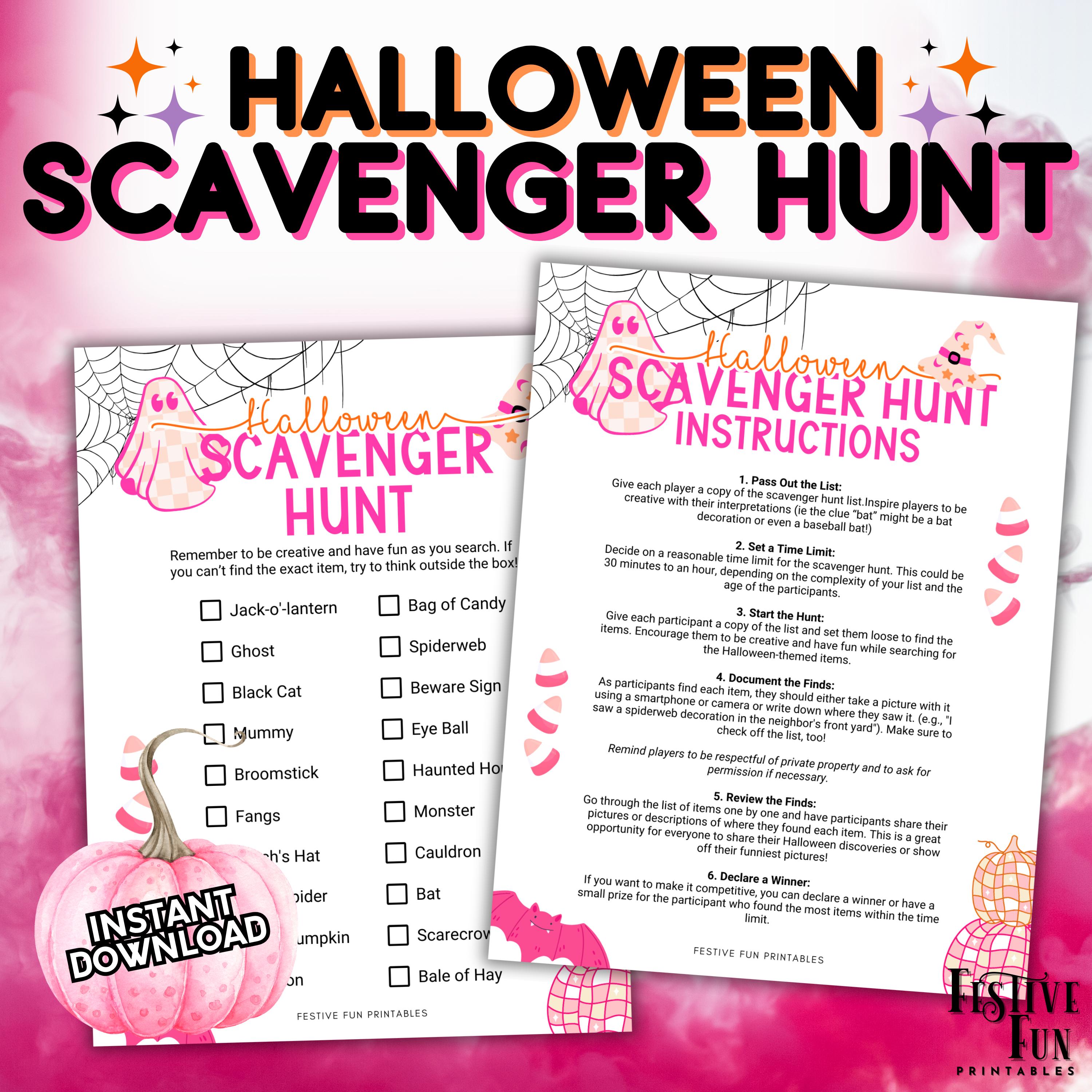 Chasse au trésor d'Halloween, jeu imprimable rose Girly Summerween Party, activité pour enfants des bonbons ou un sort, soirée pyjama entre filles, idées de fête d'Halloween
