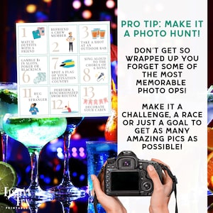 May include: A printable photo scavenger hunt list with 13 photo challenges. The list includes challenges such as matching outfits with a friend, taking a shot at an outdoor bar, and hugging a stranger. The list is printed on a white background with a teal border. The image also includes a camera and cocktails.