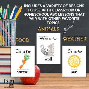 Cute handprint and footprint crafts for kids, Alphabet art with animals and food pictures, colorful booklet of ABCs for prek and toddlers