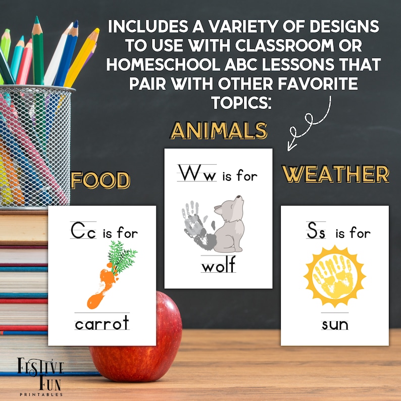 Cute handprint and footprint crafts for kids, Alphabet art with animals and food pictures, colorful booklet of ABCs for prek and toddlers