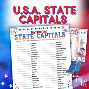 May include: A printable game sheet with a red, white, and blue patriotic theme. The sheet features a list of US states and a blank space next to each state for players to write in the state capital. The game sheet is titled "Patriotic State Capitals".