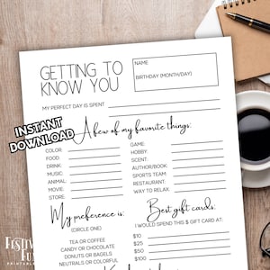 Favorite Things Questionnaire, Favorites List Survey for Employee Appreciation, Team Building, Work Gift Exchange & Retirement Gift Planning