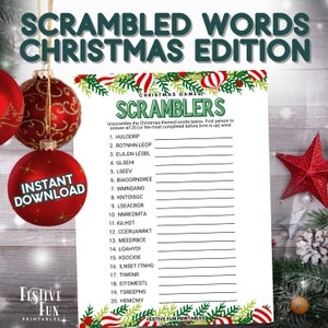 Christmas Scrambled Word Game, December Holiday Jumbled Word Puzzle Family Game Night Activity for Adults Teens and Kids, Digital Printable