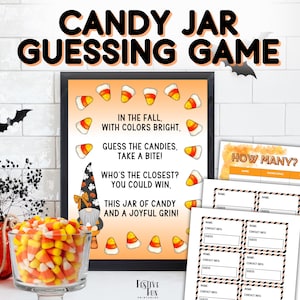 Puede incluir: Un juego de adivinanzas de Halloween imprimible con un tarro de caramelos y una ilustración de un gnomo. El juego incluye un cartel que dice "En otoño, con colores brillantes. Adivina los caramelos, ¡toma un bocado! ¿Quién está más cerca? ¡Puedes ganar, este tarro de caramelos y una sonrisa alegre!" y una hoja con espacios para nombres, información de contacto y conjeturas.