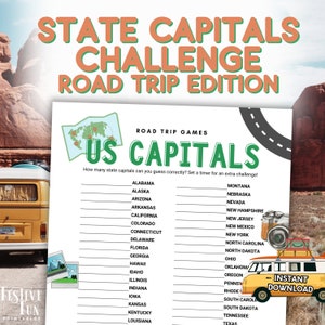 USA State Hauptstädte Road Trip Challenge, Druckbare Spiel USA Geographie zum Lernen und Studieren von 50 Hauptstädten auf der Karte